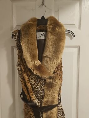 Faux Fur Leopard Print Vest with Gold Trim -